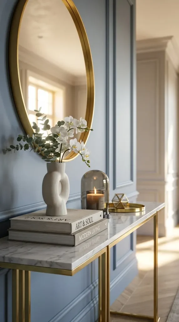 Slim Marble Console With Modern Accent Chairs Nearby