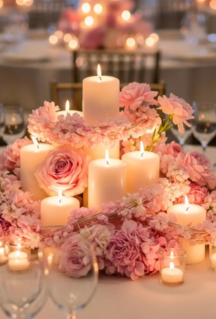 Soft Pink Floral + Candle Centerpiece