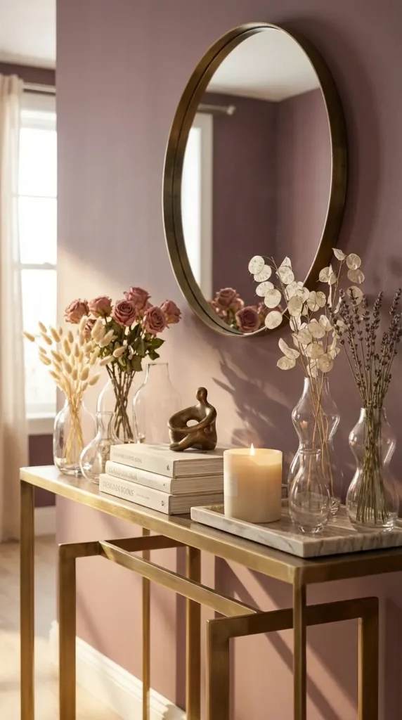 Soft Romantic Console With Dried Florals and Glass Vases