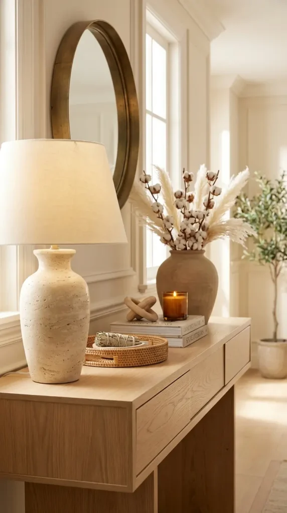 Stone or Travertine Lamp with Natural Decor Pieces