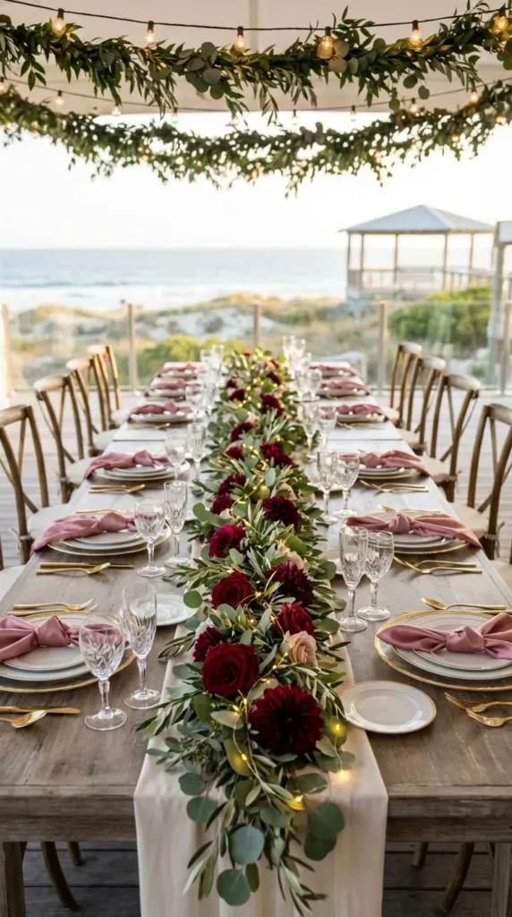 String Lights Draped Over Greenery Garlands