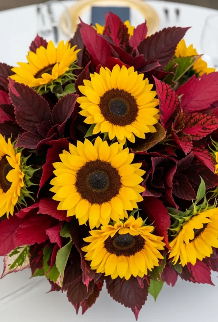 Sunflower + Colorful Foliage Contrast
