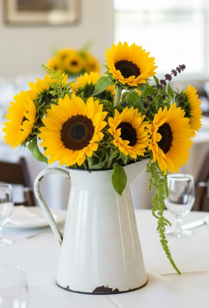 Sunflowers in Rustic Pitcher