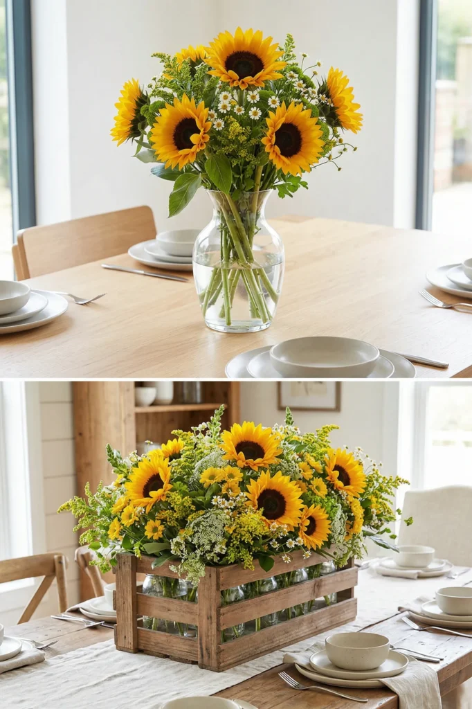 Sunflowers in Wooden Crate Display
