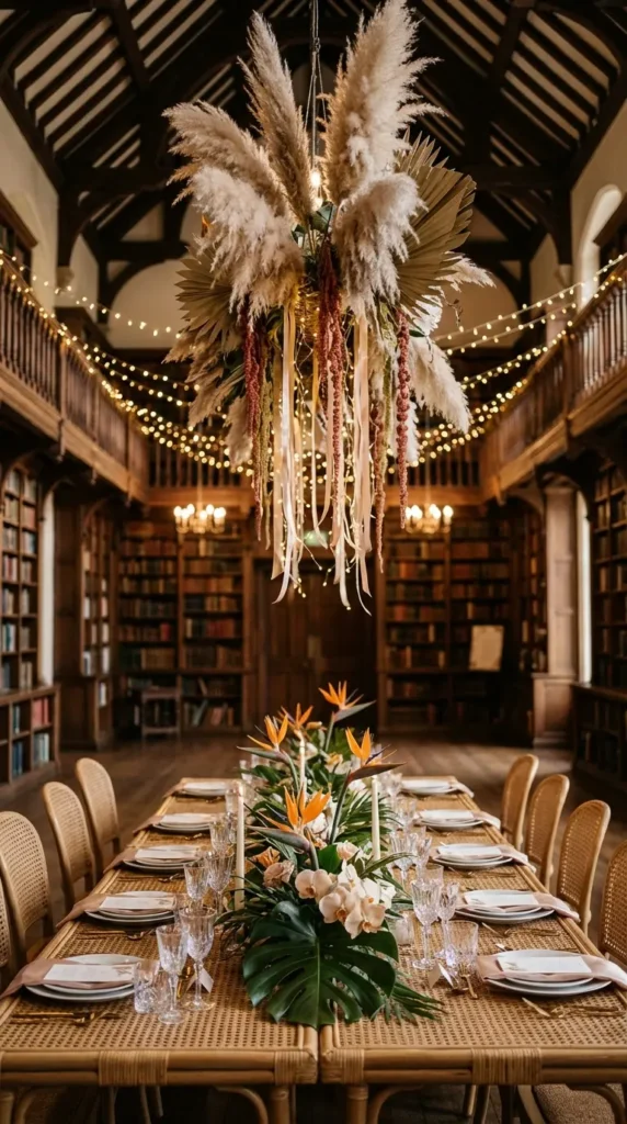 Suspended Pampas Grass Installations Above Tables