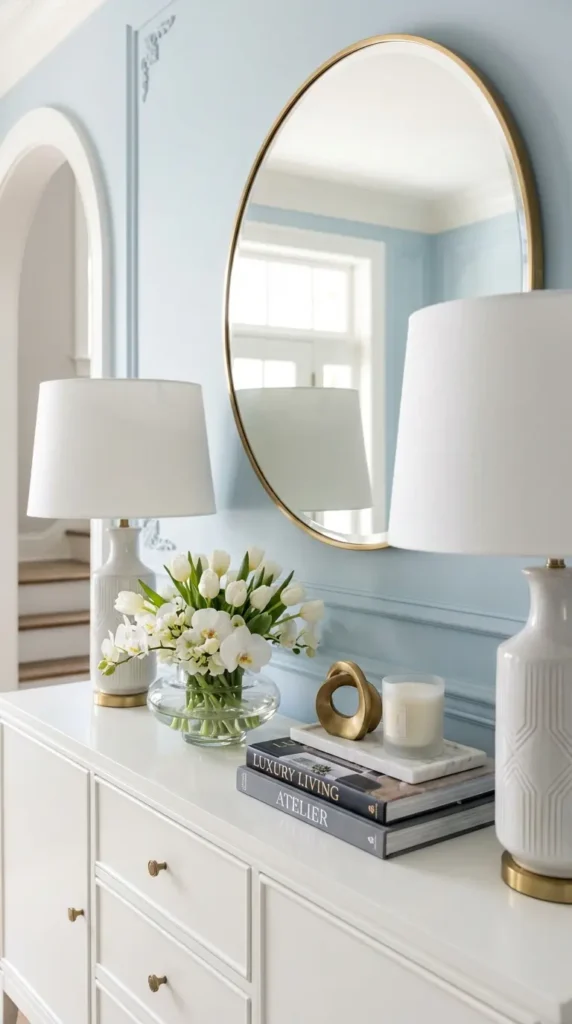 Symmetrical White Console Decor with Matching Lamps