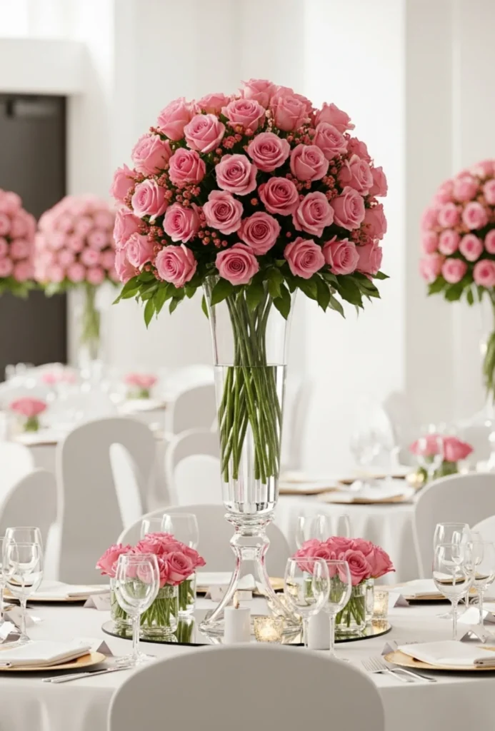 Tall Rose Arrangements in Glass Vases