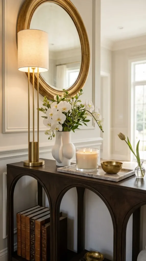 Tall Slender Lamp with Layered Decorative Objects