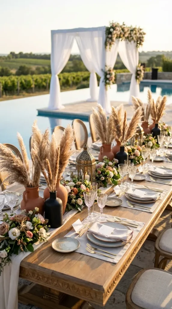 Terracotta or Clay Vases with Pampas Stems