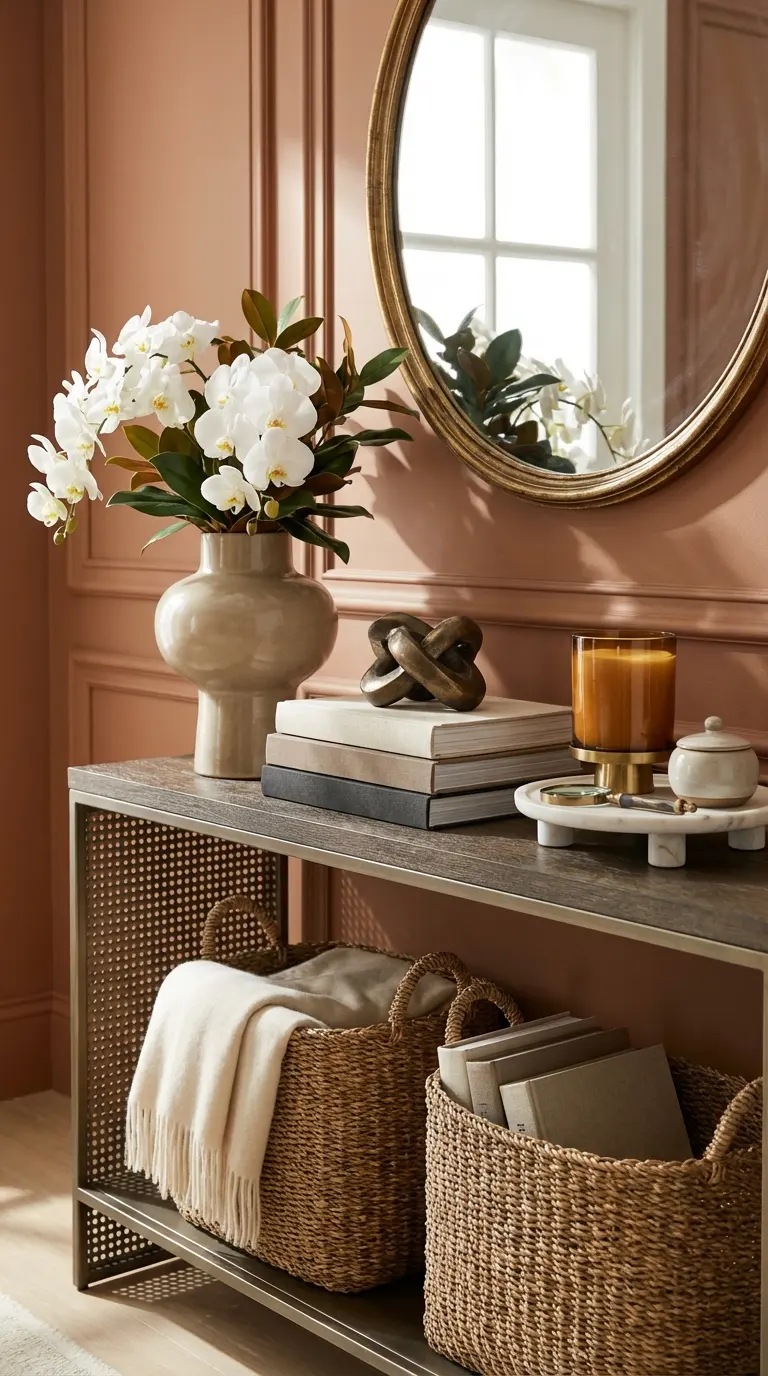 Textured Console With Woven Basket Storage Below