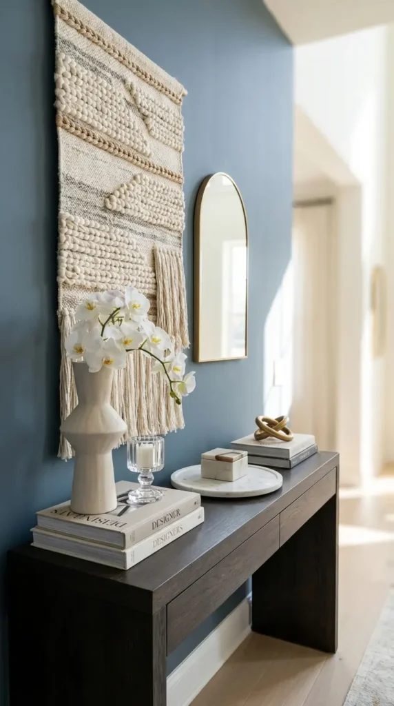 Textured Wall Art Paired With Minimal Mirror Accents