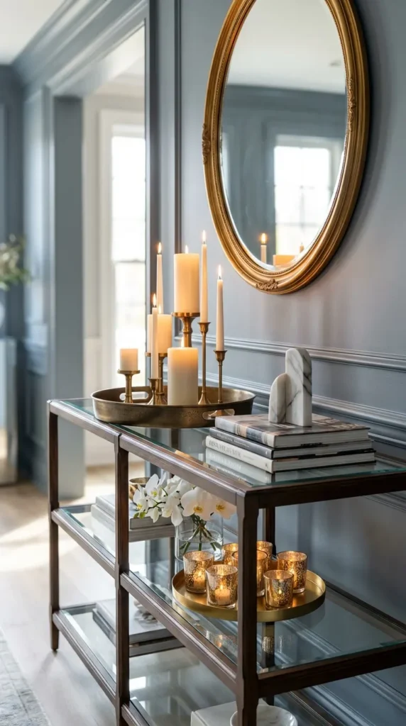 Tiered Glass Console With Candle Clusters and Metallic Trays