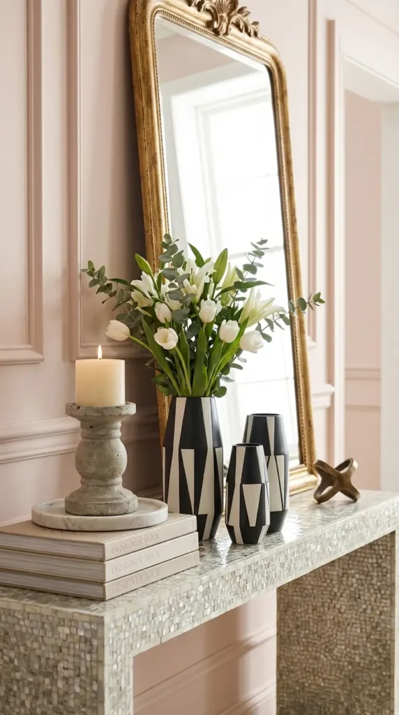 Trio of Black and White Vases With Chunky Candle Holder