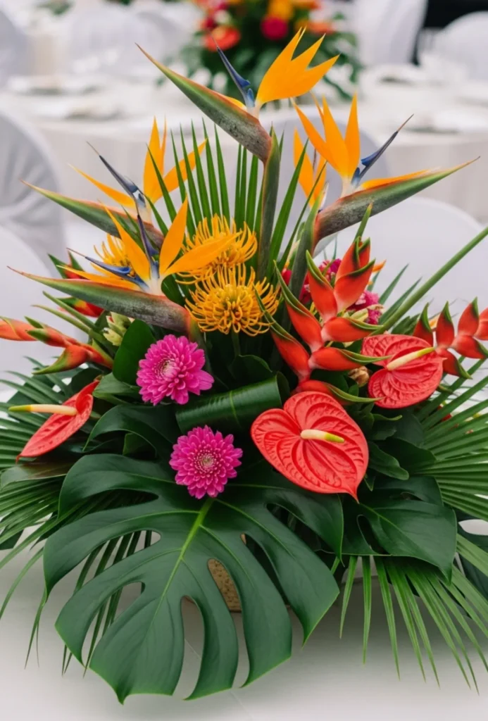 Tropical Blooms With Palm Leaves