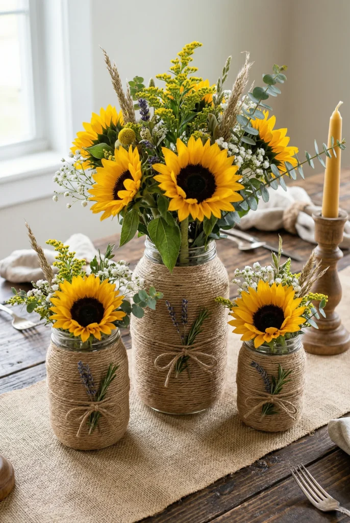 Twine Wrapped Rustic Sunflower Jars