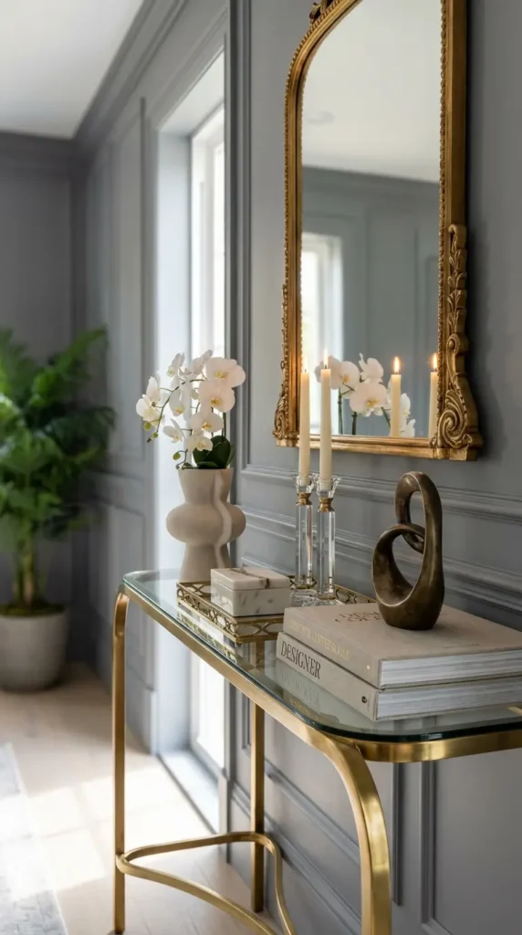 Upholstered Stool Tucked Under a Slim Console