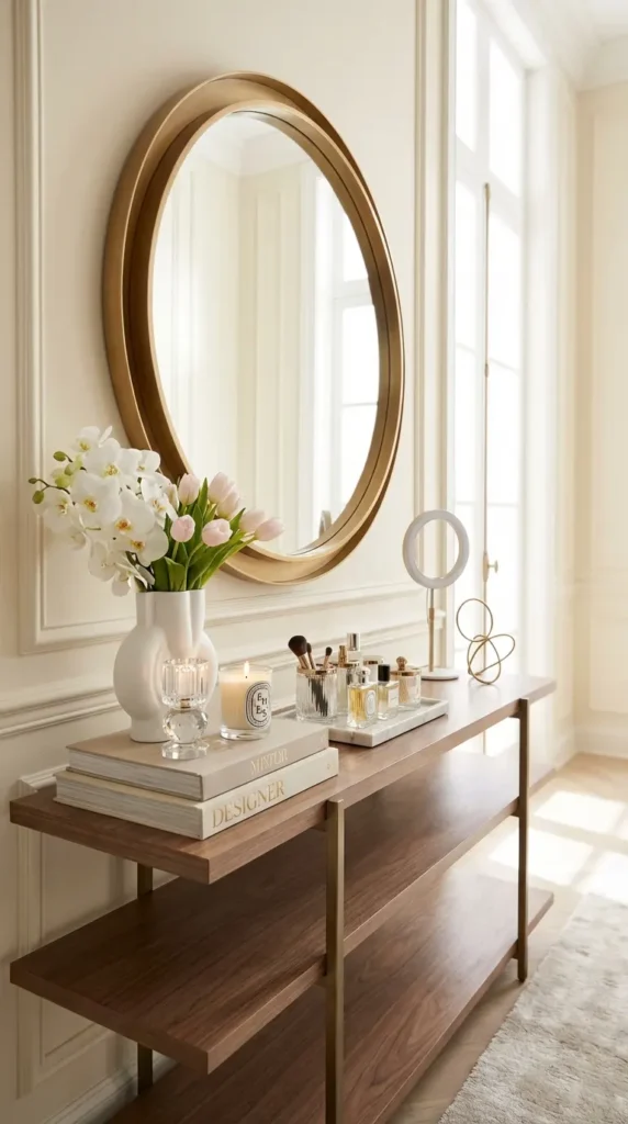 Vanity-Style Console Table With Round Makeup Mirror