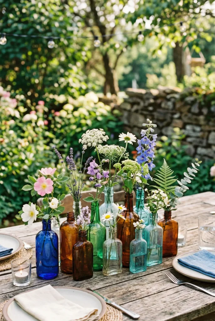 Vintage Bottle Cluster with Mixed Blooms