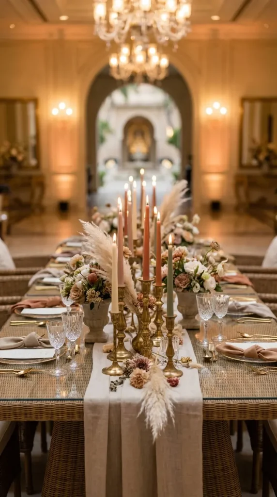Vintage Brass Candlesticks with Pampas Touches