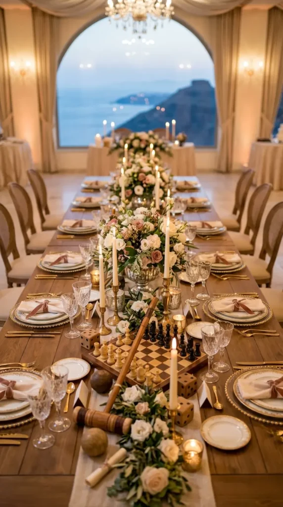 Vintage Chess Sets or Retro Game Pieces as Centerpieces