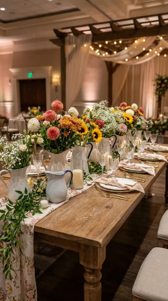 Vintage Pitchers with Pom-Pom Floral Mixes