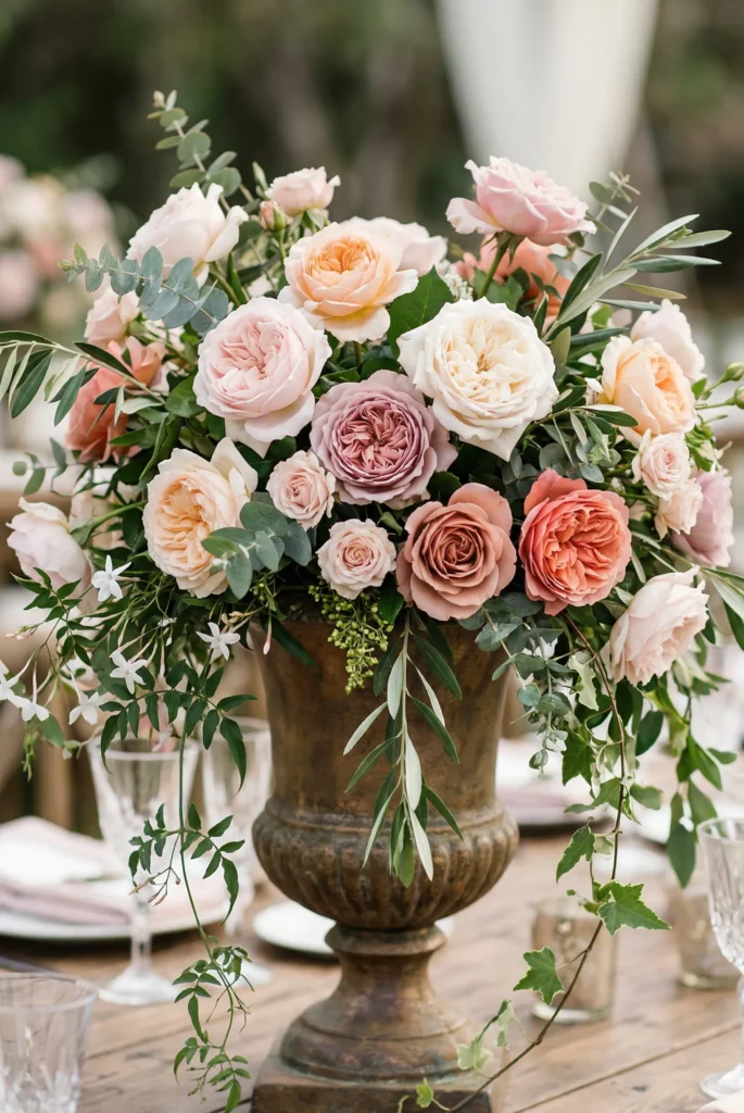 Vintage Urn Filled With Garden Roses