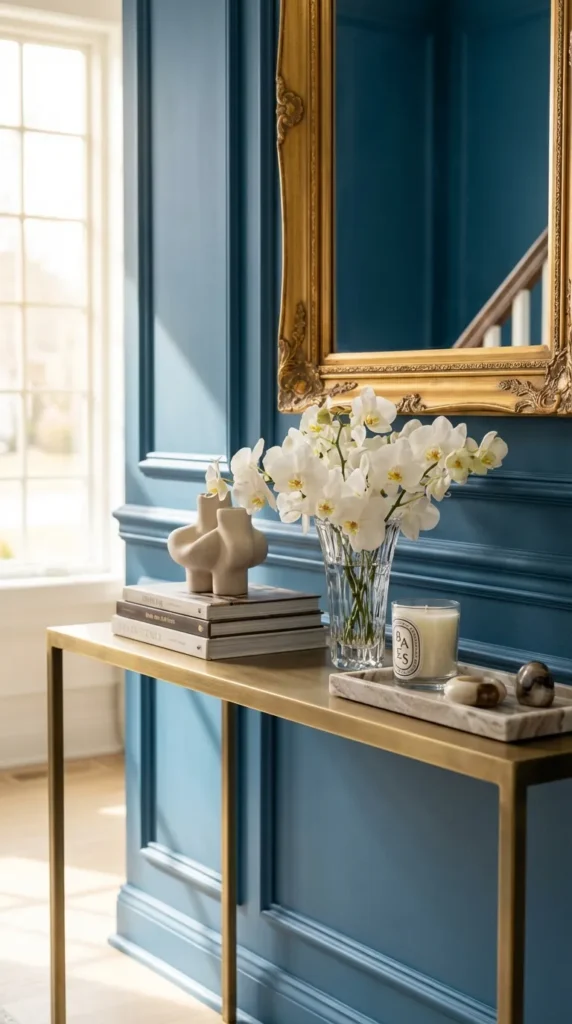 Vintage Wooden Console With Stair Gallery Wall