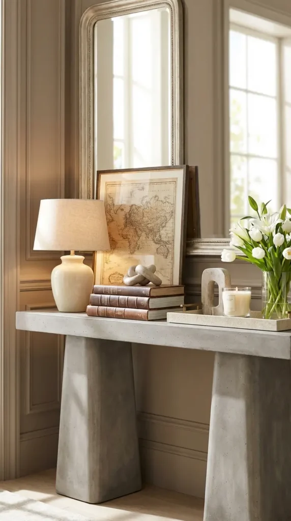 Warm Oak Table With Vintage Map and Ceramic Lamp