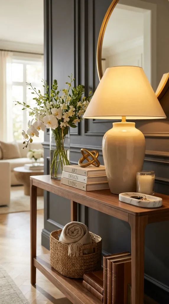 Warm Wood Hallway Console with Soft Lighting
