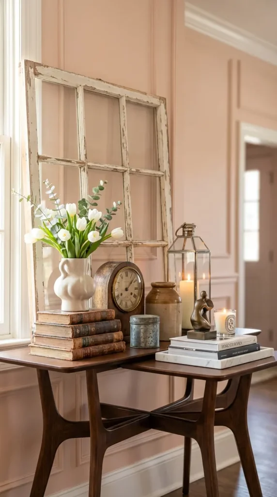 Weathered Windowpane Farmhouse Console With Antique Accessories