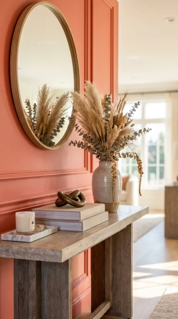 Weathered Wood Sanctuary With Round Mirror and Dried Foliage