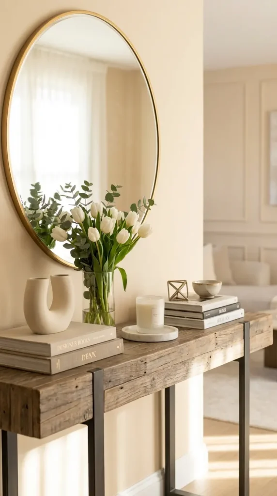 White Cane Console With Soft Poufs Beneath