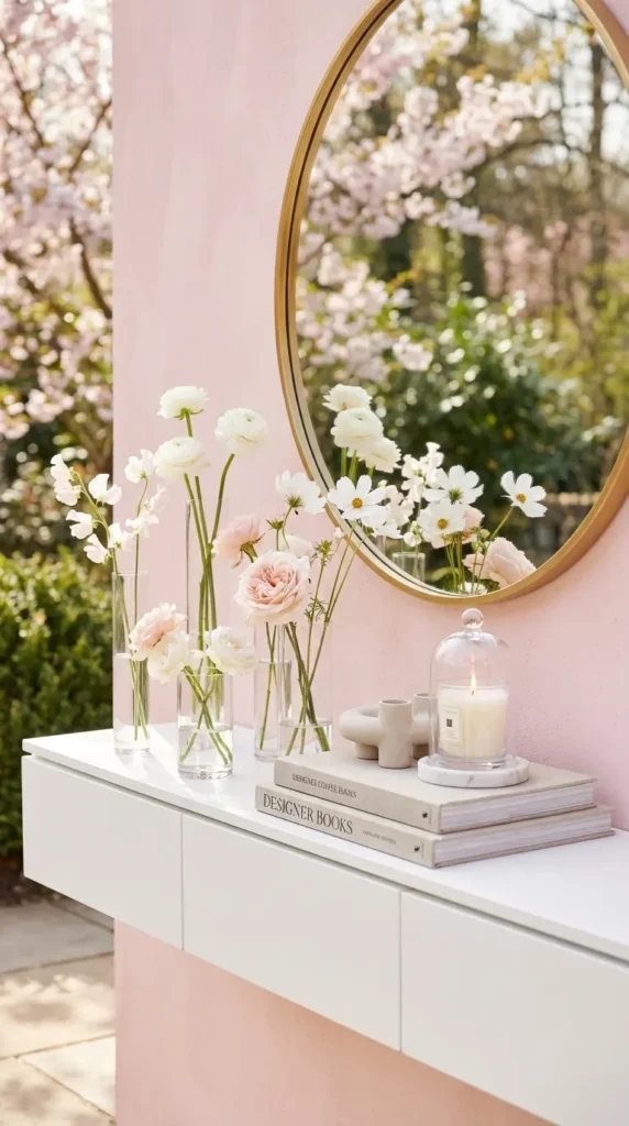 White Console Styled with Glass Vases and Soft Florals