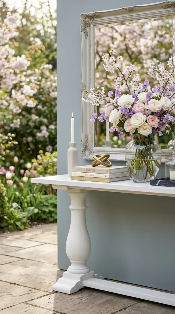 White Console Styled with Seasonal Floral Arrangements