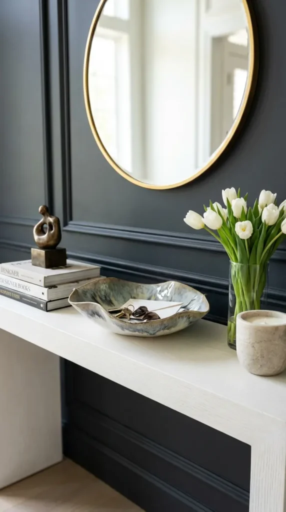 White Console Table with Decorative Bowl for Entryway Essentials