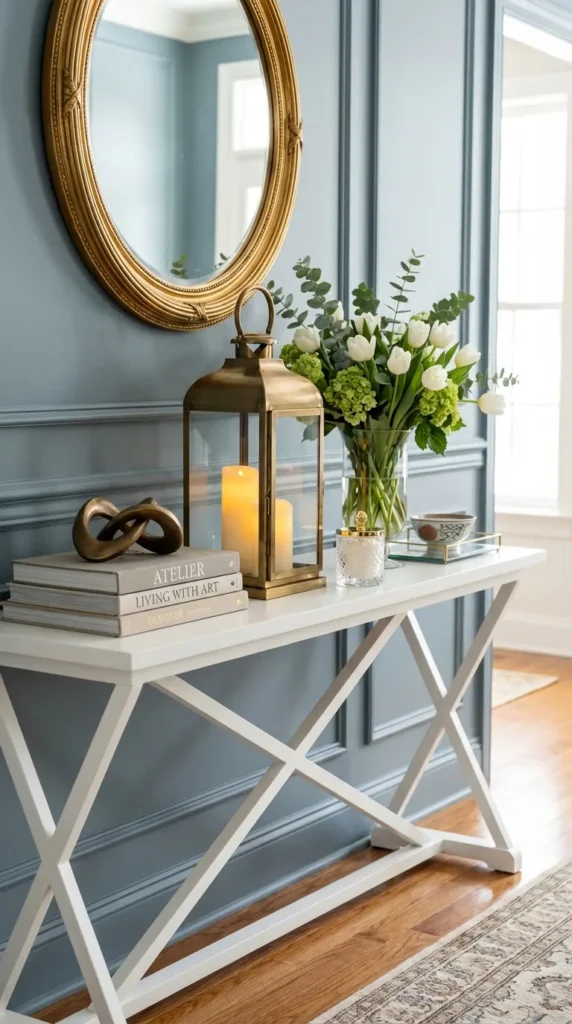 White Console Table with Decorative Lantern and Greenery