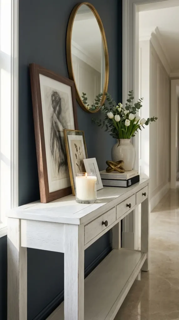 White Console Table with Framed Art and Leaning Gallery Pieces