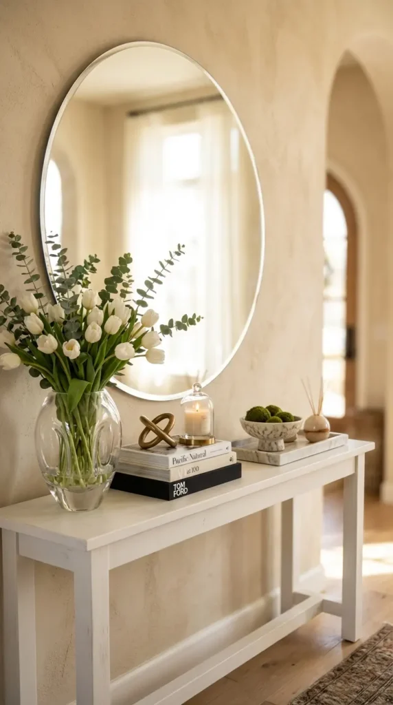 White Console Table with Oversized Round Mirror Styling