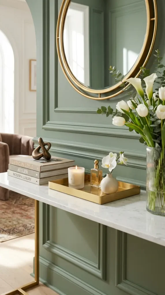 White Console with Gold Accent Tray and Decorative Accessories