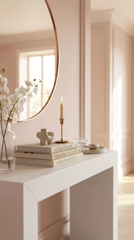 White Console with Layered Coffee Table Books and Decor Objects
