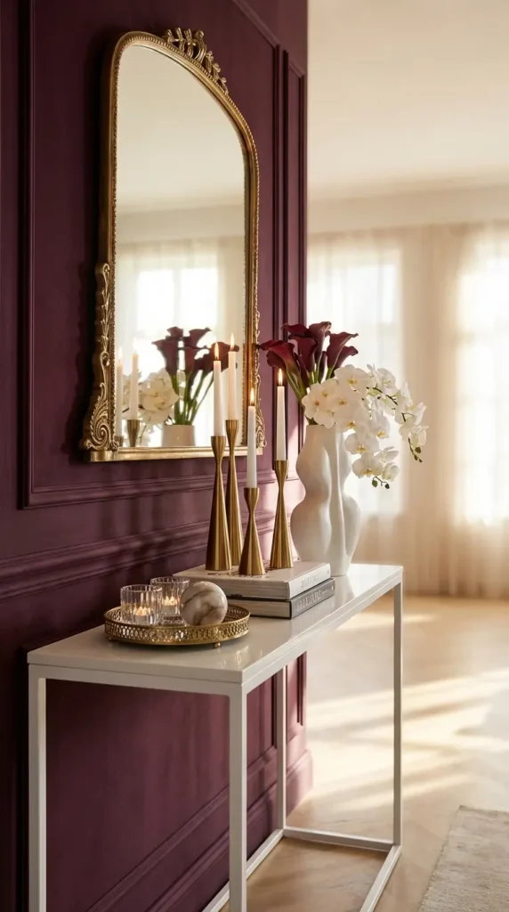White Console with Statement Wall Mirror and Candlesticks