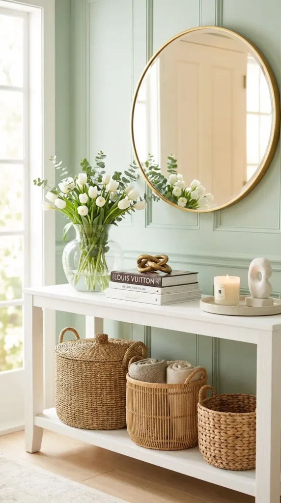 White Console with Woven Baskets Stored Underneath