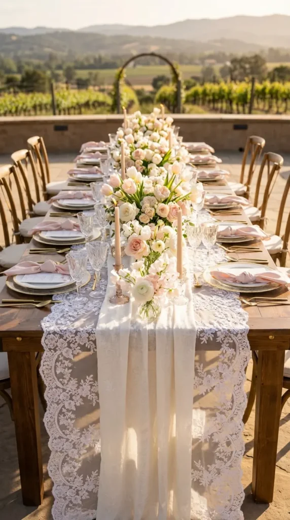 White Lace Table Linens with Soft Romantic Florals