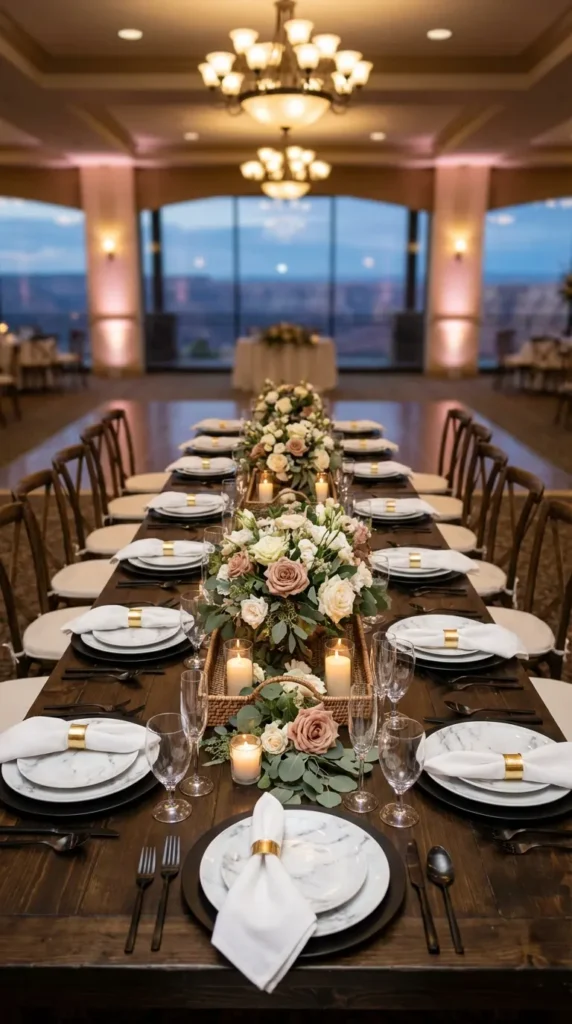 White Marble Plates with Black Cutlery and Chargers