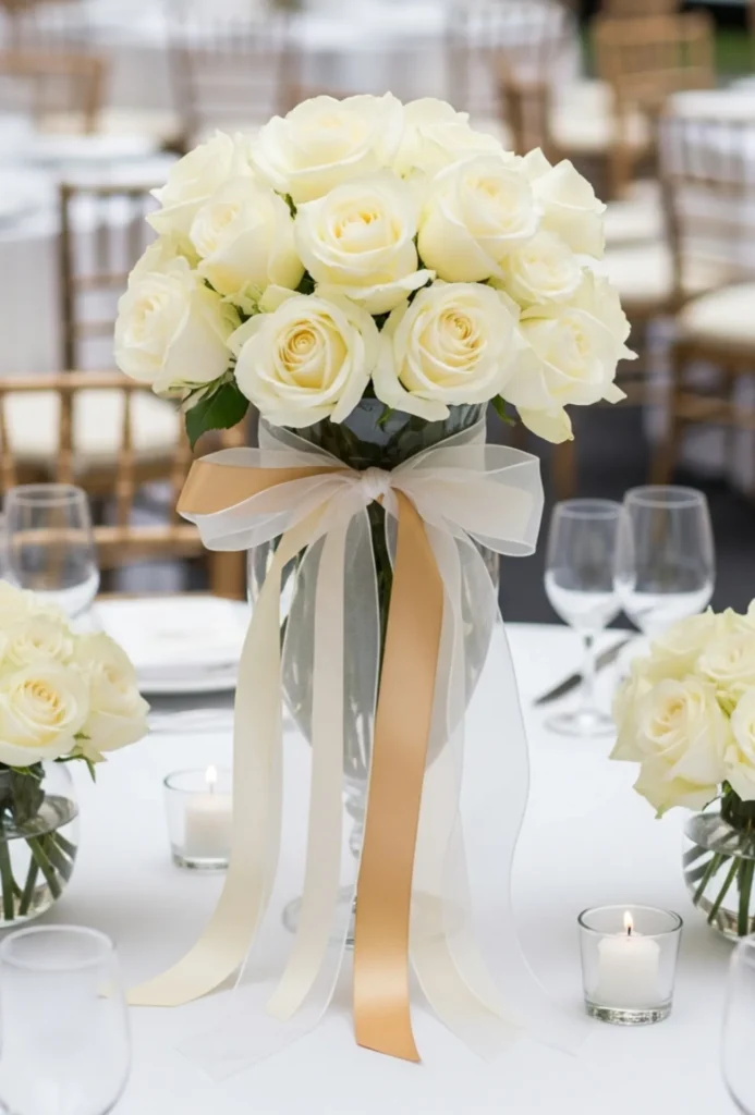 White Rose Arrangements With Ribbon Accents