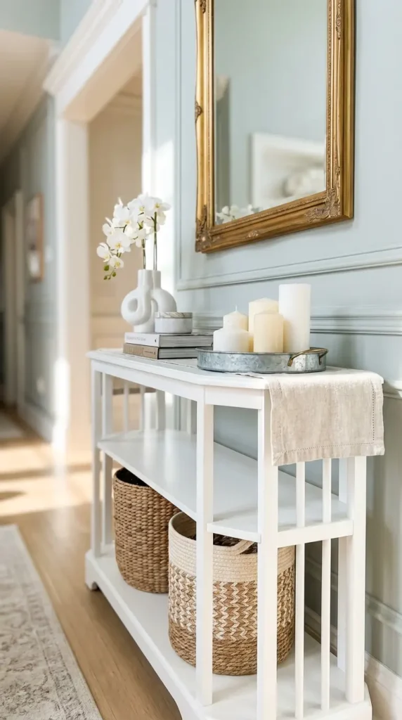 White Spindle Farmhouse Console With Pillar Candles and Woven Baskets