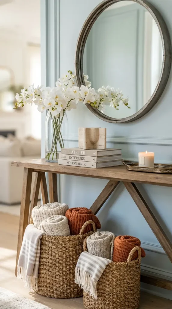 Wicker Baskets Filled With Cozy Blankets Beneath Rustic Console