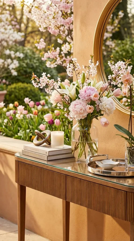 Wood And Glass Console With Fresh Florals