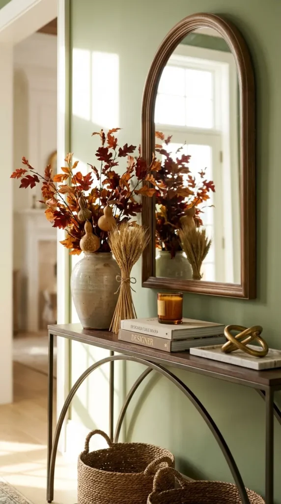 Wooden Archway Mirror With Fall Foliage and Baskets