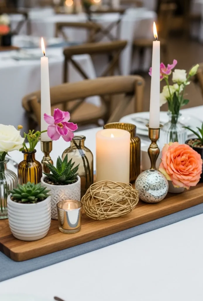 Wooden Board with Mixed Decor Items Centerpieces